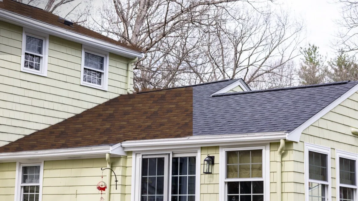Senco's Roof Color Designer with half of a real roof re-colored in CertainTeed Burnt Sienna beside the home's original grey shingles
